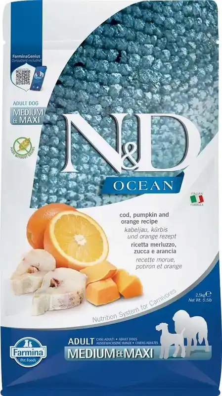 FARMINA N&D Ocean Dog torskfisk, pumpkin, orange Adult Medium & Maxi 2,5 kg - Precis tillagt