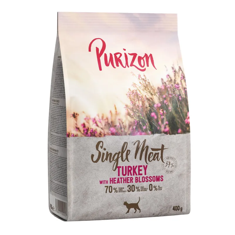 2 x 400 g Purizon torrfoder katt till sparpris! – Single Meat Kalkon med ljungblommor - Beställ online