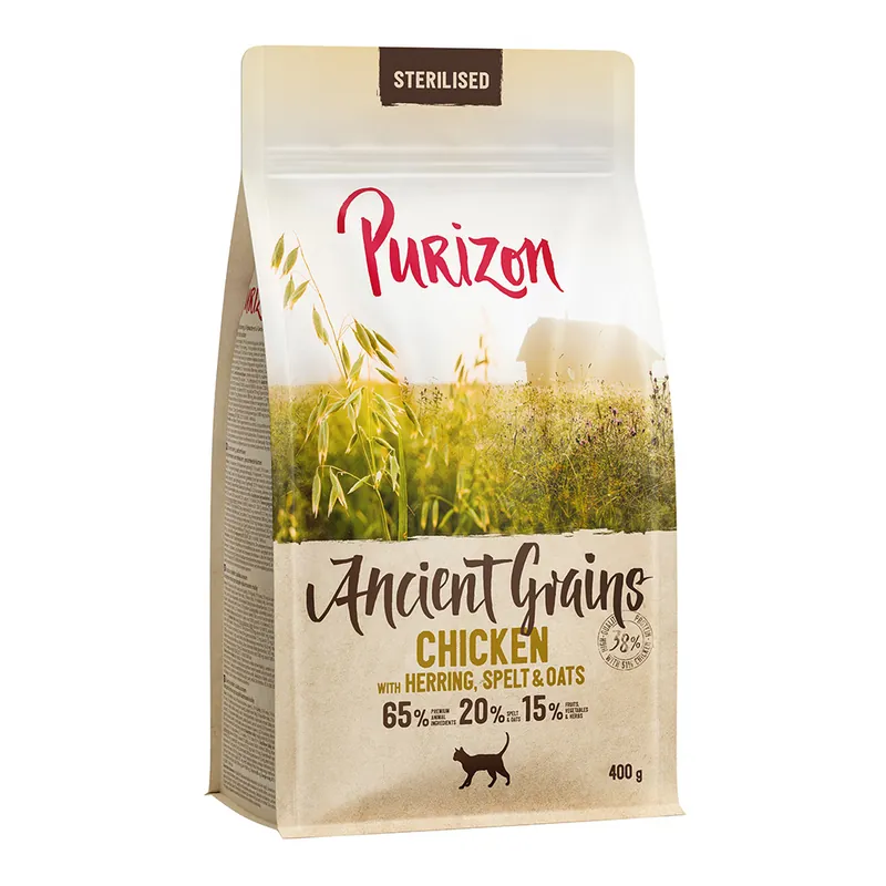 Hög kvalitet - 2 x 400 g Purizon torrfoder katt till sparpris! – Adult Ancient Grain Sterilised med kyckling, fisk & urkorn