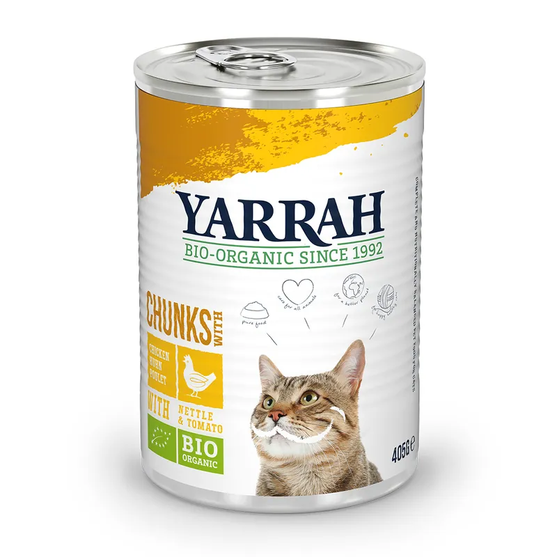 Ekonomipack Yarrah Ekologisk Chunks 24 x 405 g – Ekologisk kyckling med ekologiska nässlor & ekologiska tomater | Kanonpris