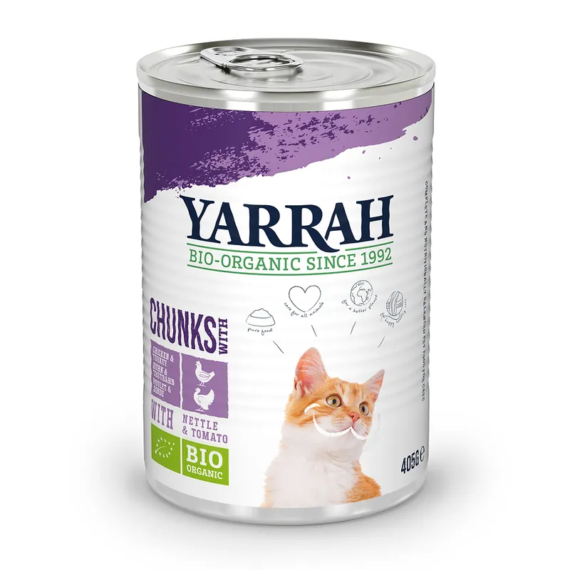 Yarrah Ekologisk Chunks 1 x 405 g – Ekologisk kyckling & ekologisk kalkon med ekologiska nässlor & ekologiska tomater - Snabb leverans
