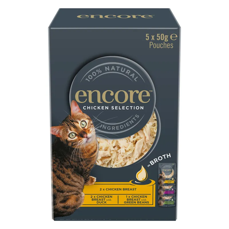 Ekonomipack Encore Cat Pouch i buljong 10 x 50 g – Kyckling selection (3 sorter) - Superpris