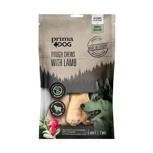 Enkel retur | PrimaDog Rough Chews Hundtugg godis Lamm & Tranbär -fyllning