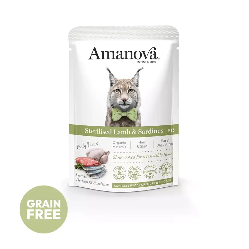 Kundernas favorit | Amanova Katt Vuxen Steriliserad Lamm & Sardin 85 g påse