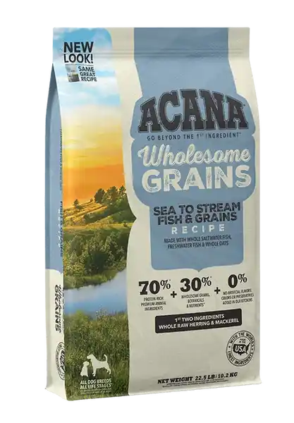 Finns att beställa | ACANA + Wholesome Grains American Waters Recipe with Whole Saltwater & Freshwater Fish Dry Dog Food