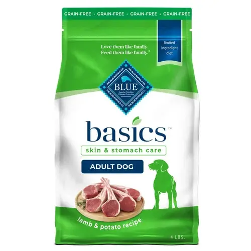 Blue Buffalo Basics Adult Grain-Free Dry Dog Food for Skin & Stomach Care, Limited Ingredient Diet, Made in the USA with Natural Ingredients, Lamb & Potato Recipe, 4-lb Bag - Reapris