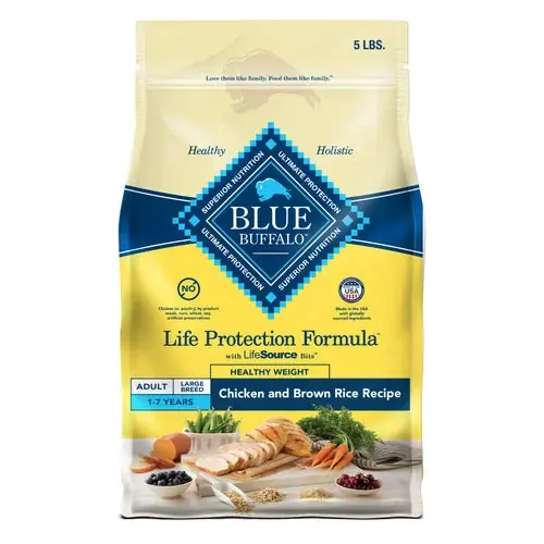 Blue Buffalo Life Protection Formula Healthy Weight Adult Dry Dog Food, Supports an Ideal Weight, Made with Natural Ingredients, Chicken & Brown Rice Recipe, 5-lb Bag - Extra bra pris