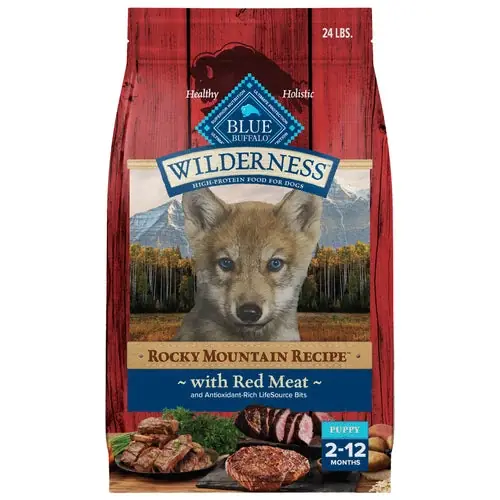 Blue Buffalo Wilderness High-Protein Rocky Mountain Recipe Dry Food for Puppies, Red Meat & Grains, 4.5-lb Bag - Rea
