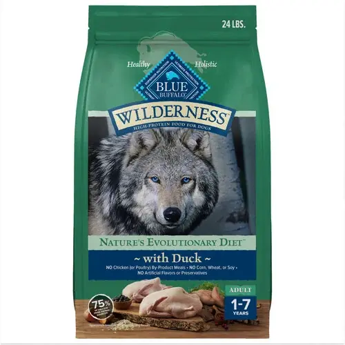 Finns att beställa | Blue Buffalo Wilderness Natural High-Protein Dry Food for Adult Dogs, with wholesome grains, Duck, 24-lb Bag.