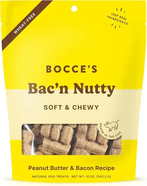 Bocce’s Bakery Bac’n Nutty Soft & Chewy Dog Treats, Wheat-Free PB & Bacon Flavored All Natural Limited Ingredient Oven Baked Cookies for Dogs, 12 oz | Toppkvalitet