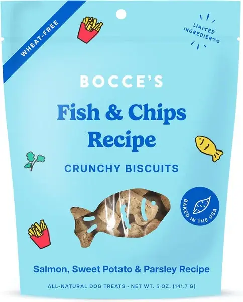 Fabrikspris | Bocce’s Bakery Fish & Chips Treats for Dogs – Special Edition Wheat-Free Dog Treats, Made with Real Ingredients, Baked in The USA, All-Natural Salmon & Sweet Potato Biscuits, 5 oz