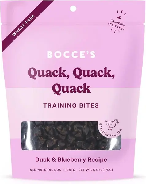 Kundernas favorit | Bocce’s Bakery Quack, Quack, Quack Training Treats for Dogs, Wheat-Free Dog Treats, Made with Real Ingredients, Baked in The USA, All-Natural & Low Calorie Training Bites, Duck & Blueberry, 6 oz