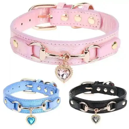 Gratis retur | Collare Queen in Pelle con Cuore e Zirconi per Cani e Gatti