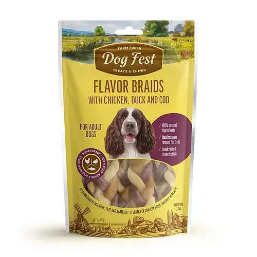Dogfest Flavor Braids With Chicken, Duck and Cod For Adults Dog, 90g | Bara idag