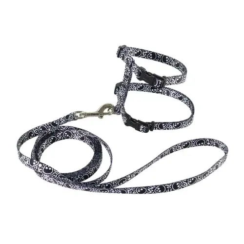 Riktigt fynd - Figure ”H” Fashion Adjustable Cat Harness and Leash Combo, Black Skulls, Small – 3/8″ x 10″-18″