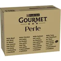 Jumbopack Gourmet Perle 96 x 85 g - Nötkött, Kyckling, Lax, Tonfisk i sås - Fynd