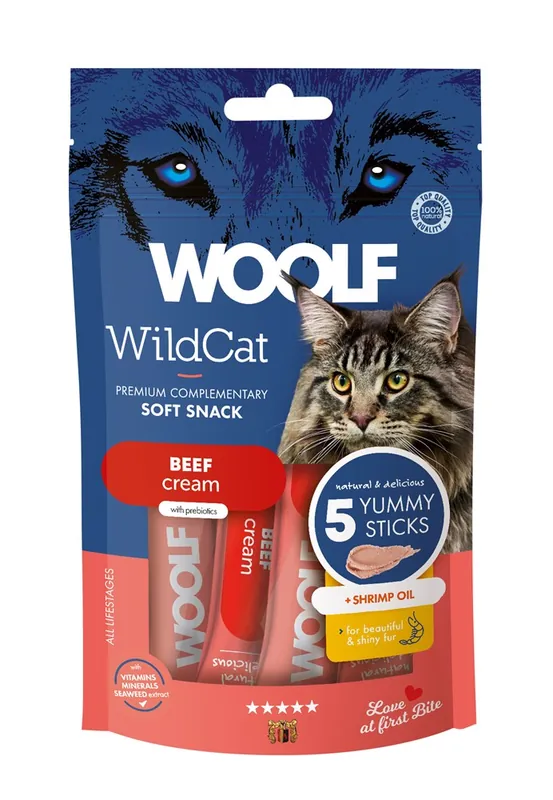 Erbjudande | Kattgodis Woolf Wildcat Cream Beef & Shrimp oil 5x14 g