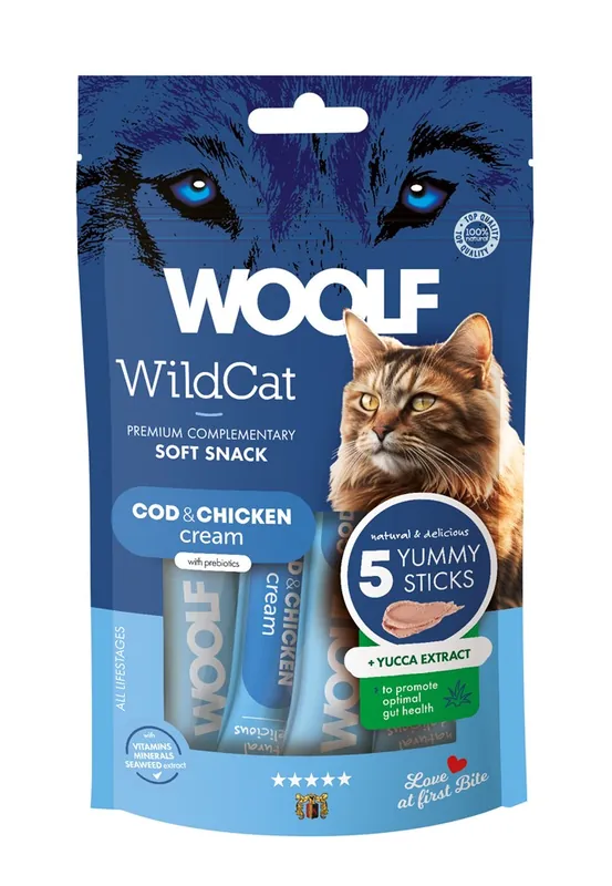 Toppkvalitet | Kattgodis Woolf Wildcat Cream Cod & Chicken 5x14 g
