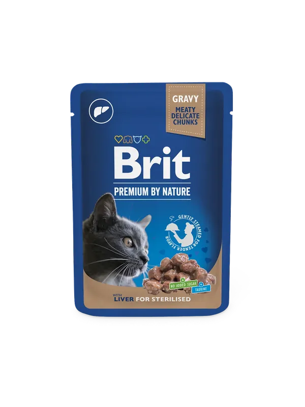 Kundfavorit | Brit Premium by Nature Bitar i Sås med Lever för Kastrerade Katter 100 g