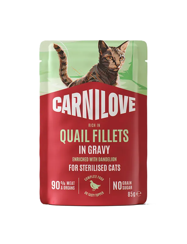 Efterfrågad | Cat Pouch Gravy rich in Quail enriched with Dandelion for sterilised 85g