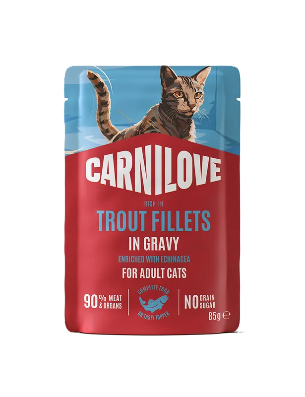 Cat Pouch Gravy rich in Trout enriched with Echinacea 85g | Mycket populär