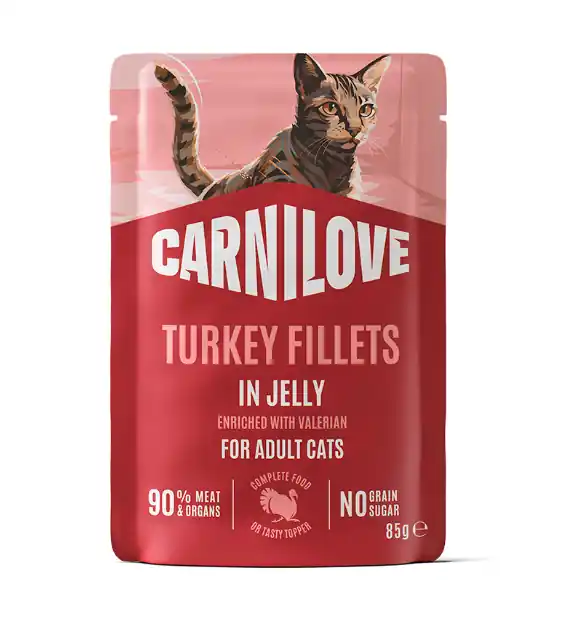 Adult Pouch Jelly med Kalkon och Valeriana Våtfoder för Katt - 24 st x 85 g - Nyinkommet