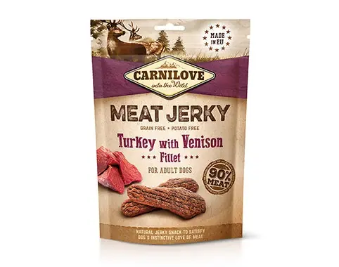 Mycket efterfrågad | Carnilove Jerky Kalkon & Hjort 100 g
